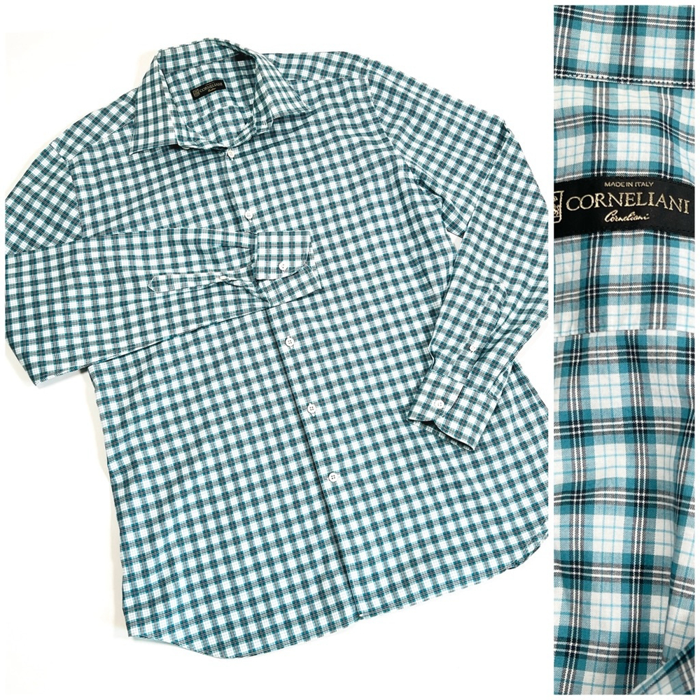 Corneliani Mens Dress Shirt Plaid Size 16 Green White Black Checkered